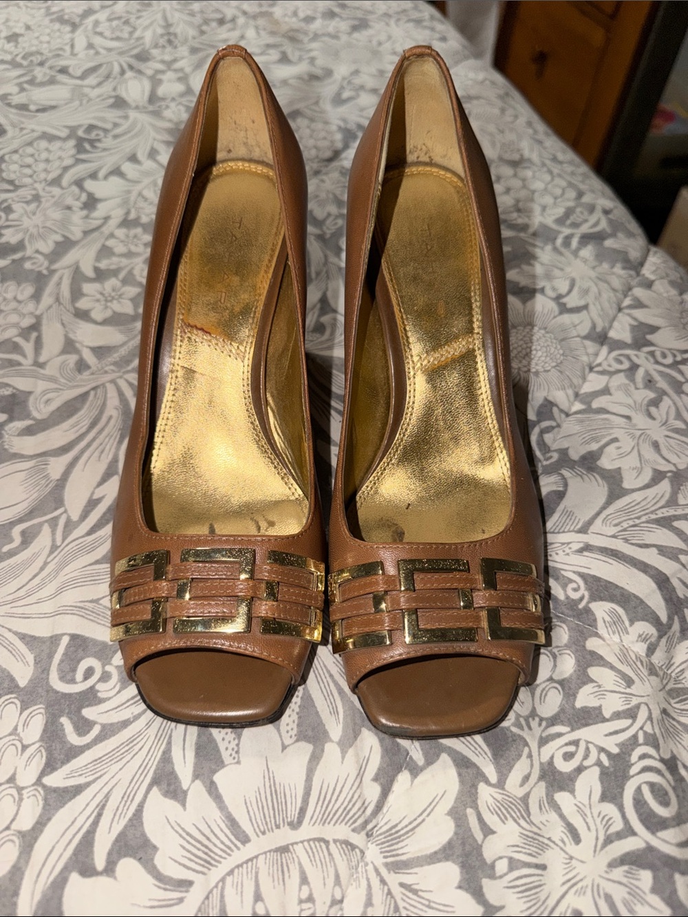 Tahari Brown Peep-Toe Heels with Gold Accent